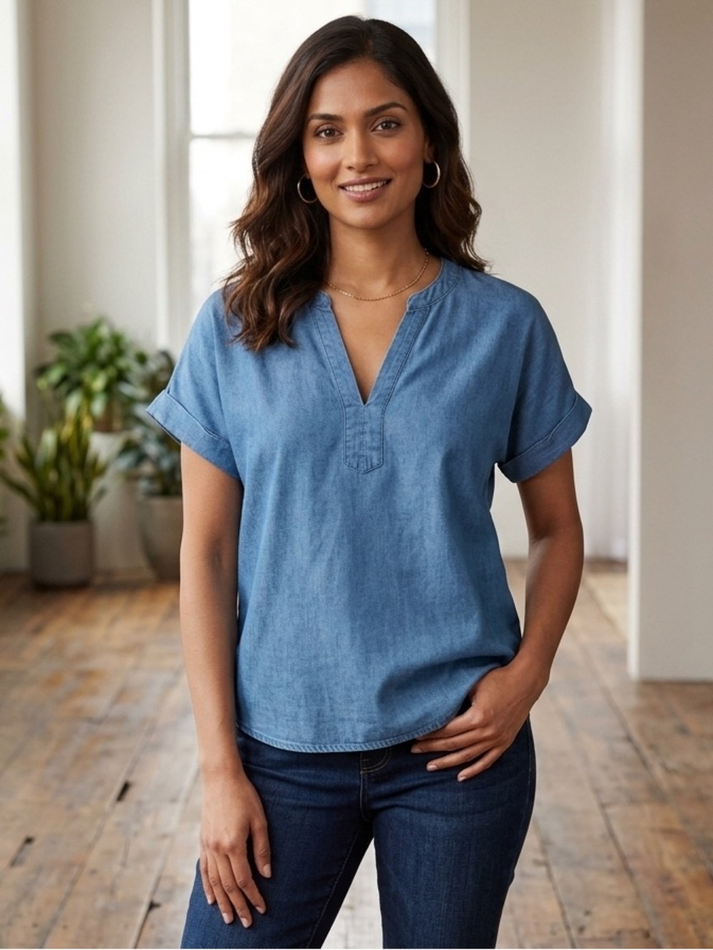 ZAC & RACHEL chambray Denim Top Size L Women Short Sleeve V-neck Casual S15